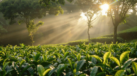 Sunlight filtering through rows of tea shoots in a tea estateの素材