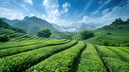 Tea garden in Guangxi Province with rows of green plants and blue skiesの素材