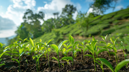 Young tea shoots growing on a hillside plantationの素材