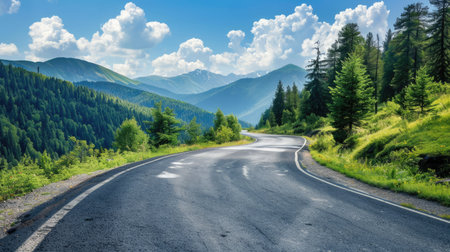 Winding asphalt road through a forested mountain landscape on a bright, sunny dayの素材