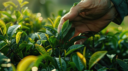 Worker carefully selecting tea shoots in an organic tea farmの素材