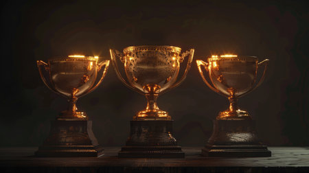 rendering of three golden trophies on a dark pedestal, shining brightlyの素材