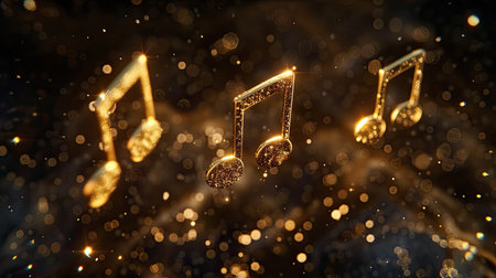 render of three golden musical notes floating in spaceの素材