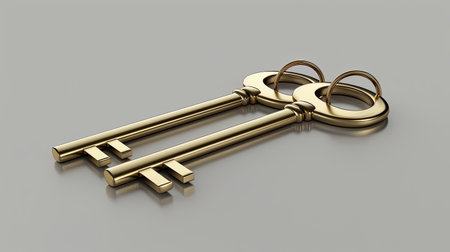 render of three golden keys arranged in a row on a reflective surfaceの素材