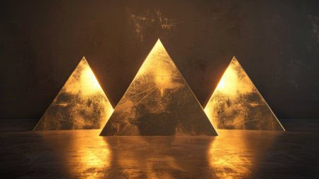 render of three golden pyramids arranged in a triangle formationの素材