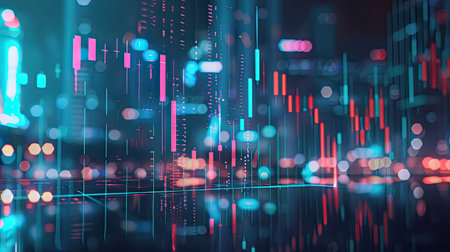 Abstract glowing data forex chart superimposed on a blurred city backgroundの素材