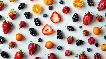 Assorted ripe fruits and vibrant berries placed in an appealing pattern on a clean white surfaceの素材