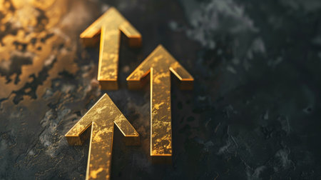 rendering of three golden arrows pointing upwards, symbolizing growthの素材