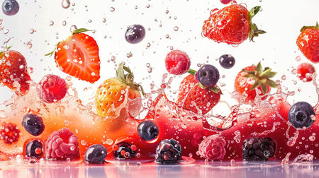 Berries of different varieties falling into vibrant splashes of juice on a plain white backgroundの素材