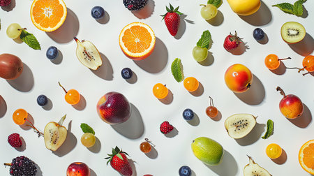 Array of vibrant fruits and berries displayed in an enticing pattern on a neutral white surfaceの素材
