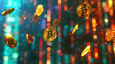 Bitcoin coins tumbling through the air with a tech-themed backgroundの素材