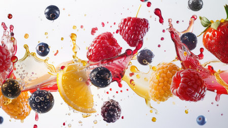 Mix of succulent berries and lively splashes of juice against a pristine white backdropの素材