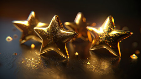 Three golden stars in a render, glowing against a dark backgroundの素材