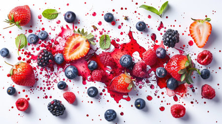 Mix of succulent berries and vibrant splashes of juice on a spotless white backdropの素材