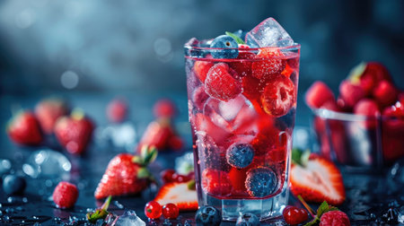 Red fruit cocktail featuring slices of berries and ice cubes, served in a tall glassの素材