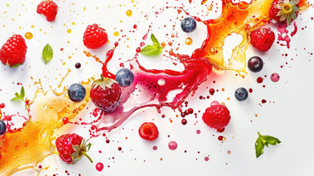 Mix of succulent berries and lively splashes of juice against a pristine white backdropの素材