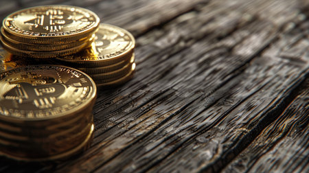 Shiny Bitcoin stacks on a dark wood surface, illustrating the rise of cryptocurrencyの素材