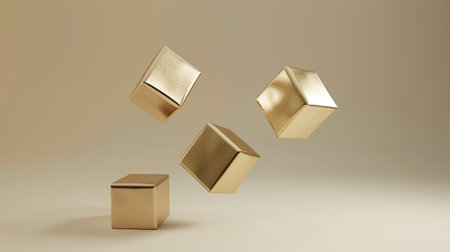 Three golden cubes in a render, floating in mid-air with shadowsの素材