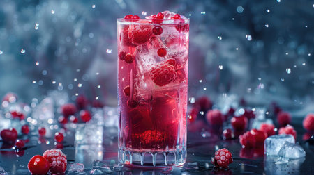 Red fruit cocktail adorned with berry chunks and chilled ice cubes in a tall glassの素材