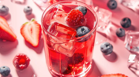 Summery red drink garnished with fresh berry slices and chilled ice cubesの素材