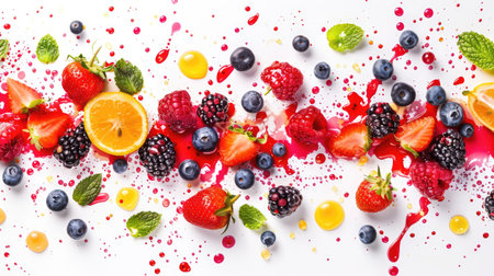 Various succulent berries and splashes of juice forming a refreshing pattern on a clear white backdropの素材