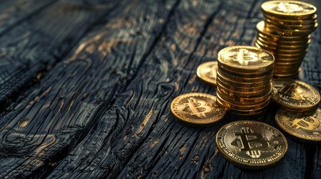 Stacks of shiny Bitcoins on a black wooden background, highlighting digital assetsの素材