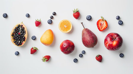 Top view of assorted fresh fruits and juicy berries captured in a minimalist style on whiteの素材