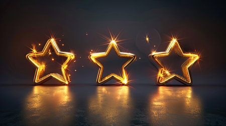 Three golden stars in a render, glowing against a dark backgroundの素材