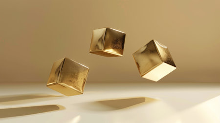 Three golden cubes in a render, floating in mid-air with shadowsの素材