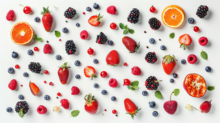 Top-down composition of various fresh fruits and colorful berries isolated for culinary inspirationの素材