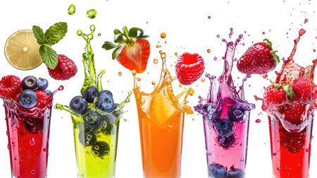 Various fresh berries splashing into vibrant juice against a clean white backgroundの素材