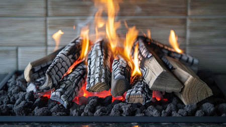 Cozy fire in a gas fireplace with realistic ceramic logs, long exposure shotの素材