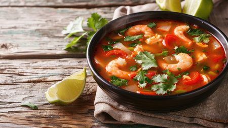 Bowl of Thai Tom Yum soup garnished with cilantro leaves and lime wedgesの素材