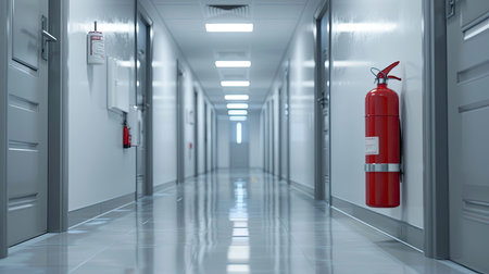 Clean hospital corridor with a fire extinguisher in the corner, ready for emergenciesの素材
