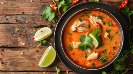 Bowl of Thai Tom Yum soup garnished with fresh cilantro and lime wedgesの素材