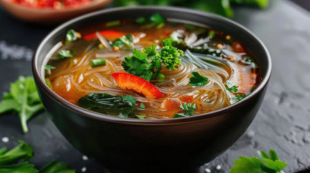 Delicious Thai seaweed soup with glass noodles and fresh vegetablesの素材