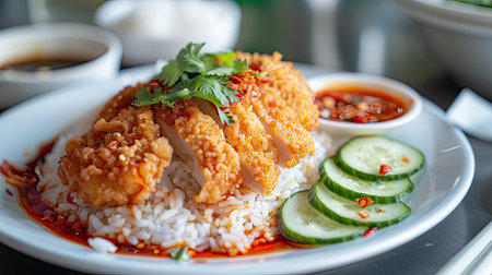 Close-up of Hainanese chicken rice with fried chicken, cucumber slices, and chili sauceの素材