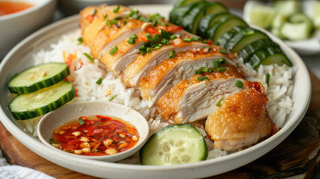 Close-up of Hainanese chicken rice with fried chicken, cucumber slices, and chili sauceの素材
