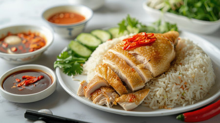 Hainanese chicken rice with fried chicken, served with fragrant oily rice and a side of chili sauceの素材