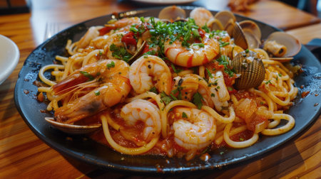 Gourmet seafood drunken spaghetti with a medley of shrimp, squid, clams, and chiliの素材