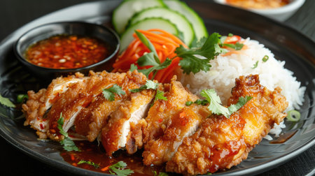 Hainanese chicken rice with crispy fried chicken and a side of spicy chili sauceの素材