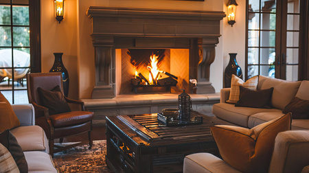 Fireplace in a chic and elegant living room with stylish decor and cozy seatingの素材