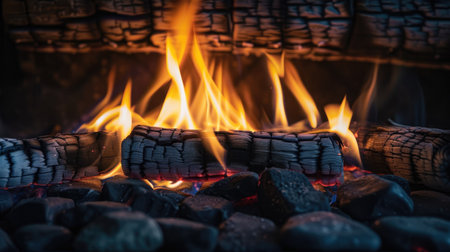 Gas fireplace with ceramic logs, flames dancing in long exposureの素材