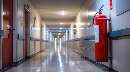 Empty corridor with a fire extinguisher placed at the corner, safety measuresの素材