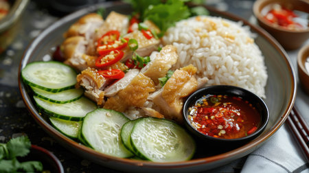 Hainanese chicken rice with fried chicken, accompanied by cucumber slices and chili sauceの素材