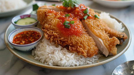 Hainanese chicken rice with crispy fried chicken and a side of spicy chili sauceの素材