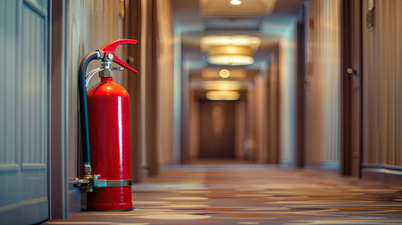 Fire extinguisher standing in the corner of a hotel corridor, safety firstの素材