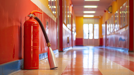 Fire extinguisher ready for use in a school hallway, with safety posters aroundの素材
