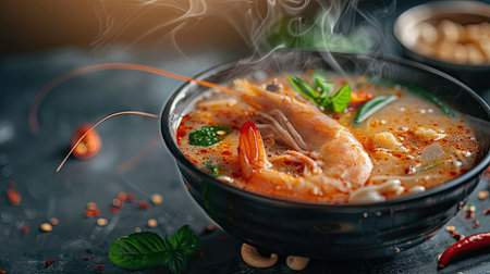 Steaming bowl of Spicy and Sour Thai Tom Yum soup with shrimp and chili pasteの素材
