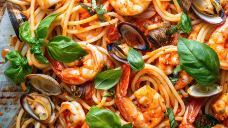 Seafood drunken spaghetti with shrimp, squid, clams, and vibrant basil leavesの素材